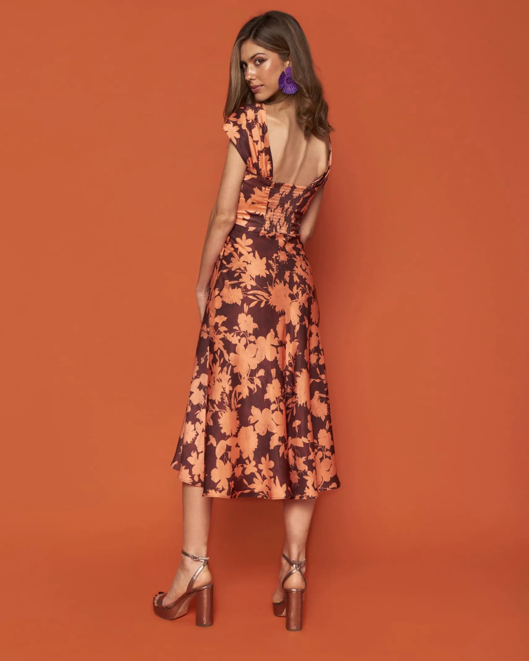 Miphai Vestido Reme Floral Naranja